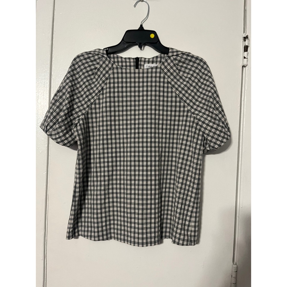 Calvin Klein Womens Plaid Short Sleeve Blouse Black White Tan Crew Neck XS